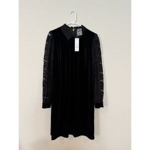 Draper James Black Velvet Long Sleeve Dress with Lace Sleeves